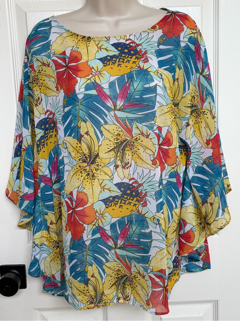 Chico's Tropical Floral Chiffon Poncho Kimono Lightweight Flowy Layering Resort